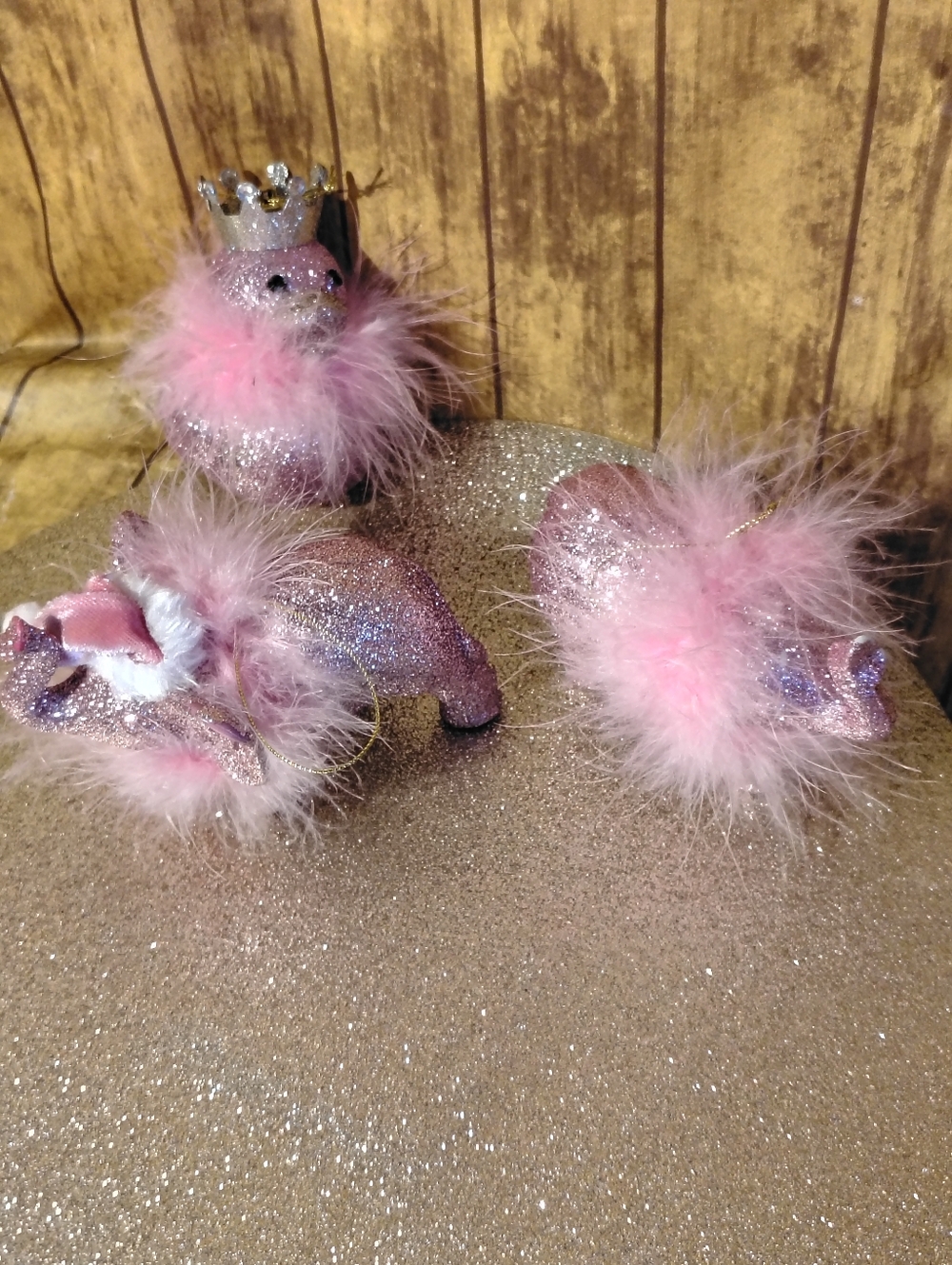 Pink Glitter Plush Animal Trio with Feathers Ortaments